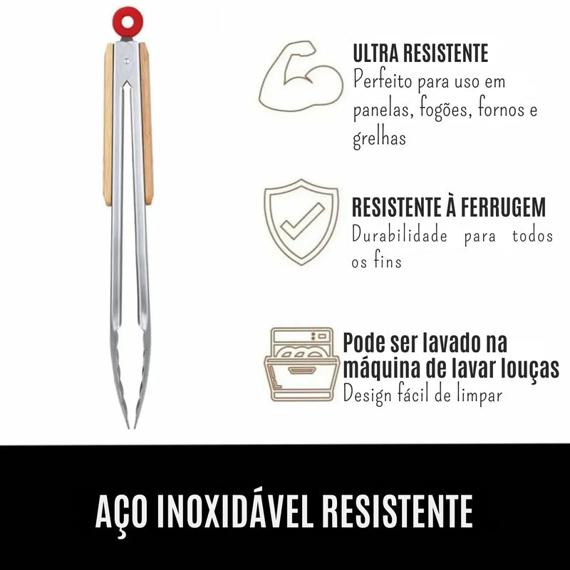 Pinças de Cozinha Premium em Aço Inoxidável – Travamento Seguro e Cabos de Madeira Ergonômicos para Churrascos, Panelas e Preparos Profissionais