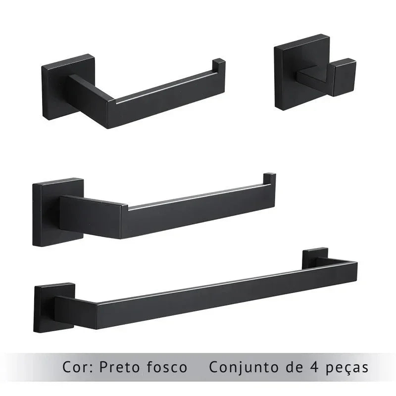 Upgrade Sofisticado no Seu Banheiro: Kit de Acessórios em Aço Inoxidável Preto Fosco com Toalheiro, Suporte de Papel, Ganchos e Mais!