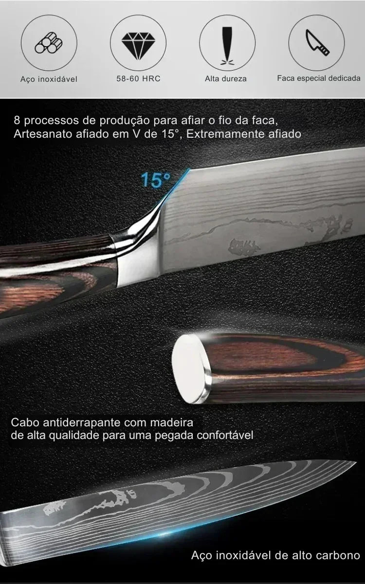 Faca de Cozinha Multifuncional Damasco a Laser – Corte Preciso para Carnes, Pães, Frutas, Churrasco e Muito Mais!