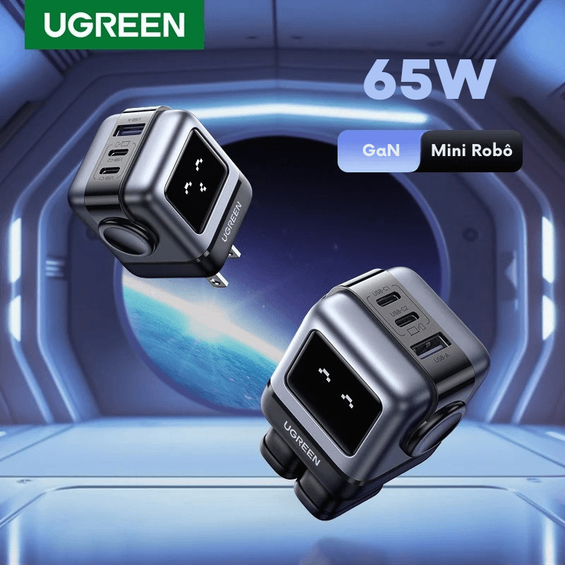 Carregador Rápido UGREEN GaN 65W – Design Robótico, Power Delivery 3.0 e Compatível com iPhone, Xiaomi, MacBook e Muito Mais!