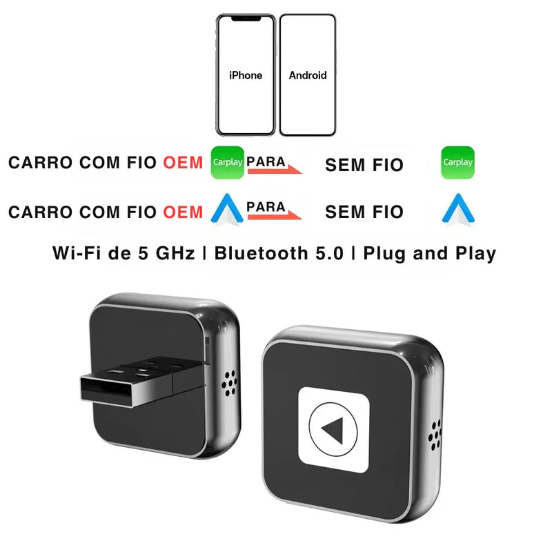 Mini Adaptador CarPlay & Android Auto Sem Fio – USB Plug & Play Universal para Diversos Modelos de Carros