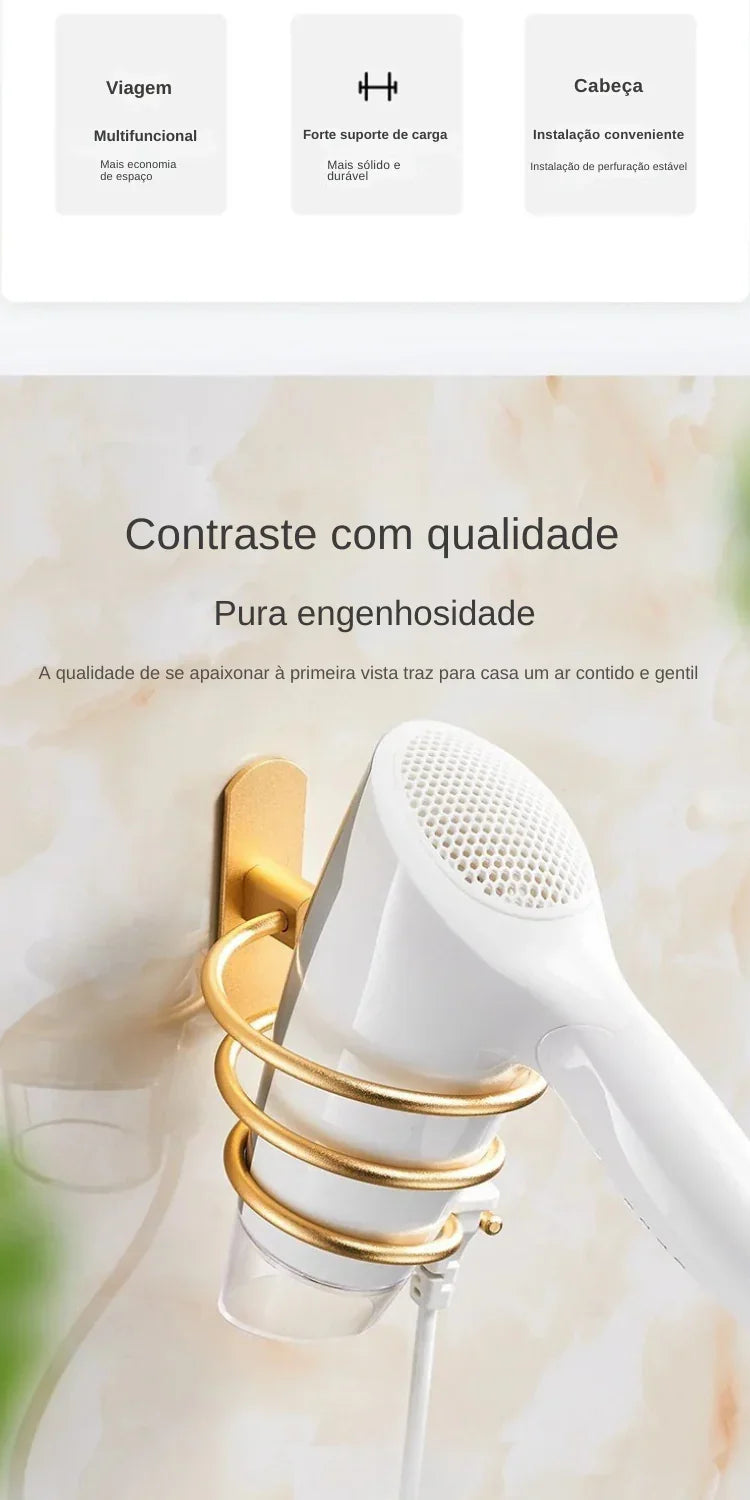 Suporte de Parede em Alumínio Funil para Secador – Organização Inteligente e Estilo Sofisticado para Seu Banheiro!