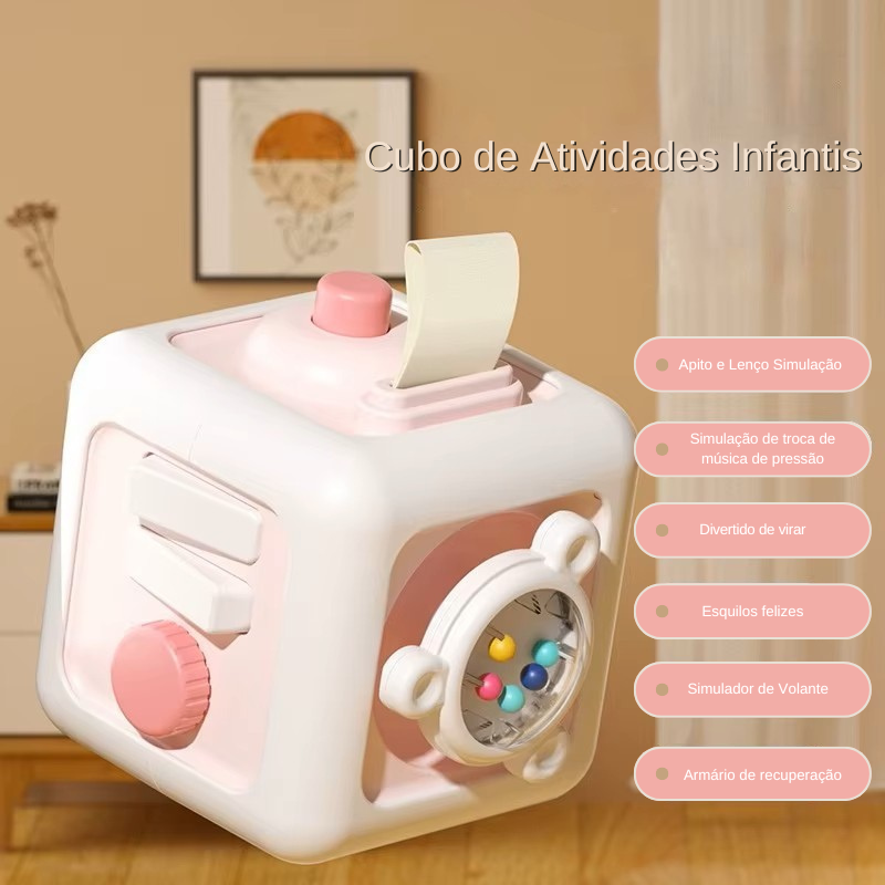 Descubra o Cubo 6 em 1 — o brinquedo sensorial que estimula a curiosidade, coordenação e aprendizado do seu bebê de forma divertida e educativa!