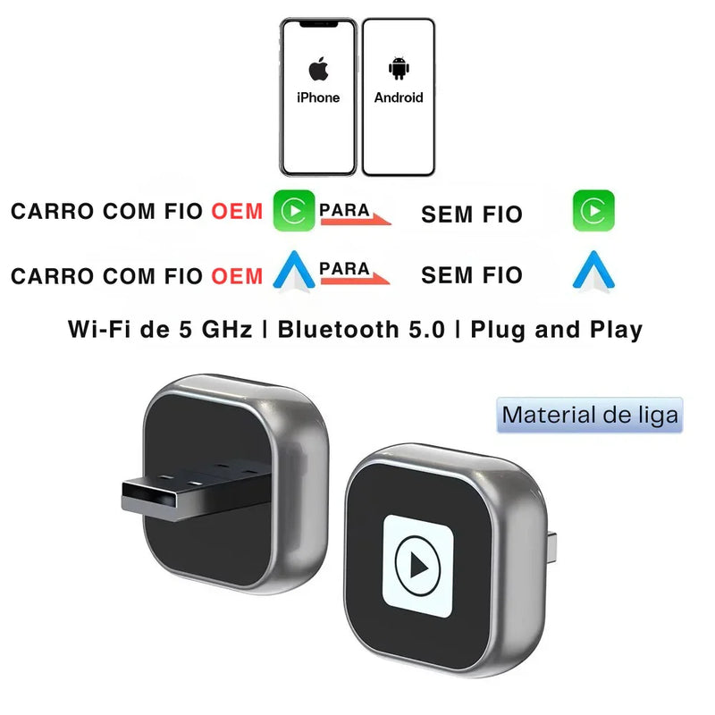 Mini Adaptador CarPlay & Android Auto Sem Fio – USB Plug & Play Universal para Diversos Modelos de Carros