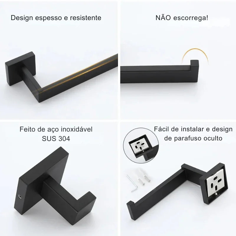 Upgrade Sofisticado no Seu Banheiro: Kit de Acessórios em Aço Inoxidável Preto Fosco com Toalheiro, Suporte de Papel, Ganchos e Mais!