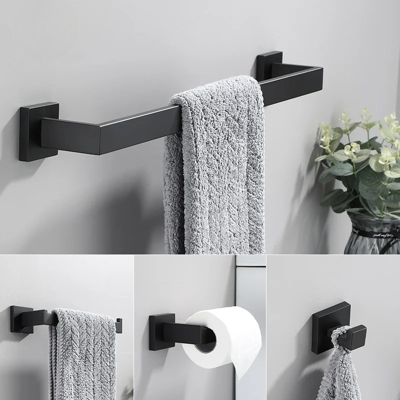 Upgrade Sofisticado no Seu Banheiro: Kit de Acessórios em Aço Inoxidável Preto Fosco com Toalheiro, Suporte de Papel, Ganchos e Mais!
