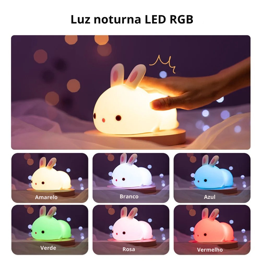 Descubra a Magia do Toque: Luminária Coelho de Silicone com 16 Cores RGB — Recarregável via USB, Macia, Divertida e Perfeita para Encantar Crianças em Qualquer Ocasião!