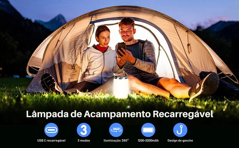 Lanterna Recarregável 3 em 1: Iluminação Quente e Potente Para Acampamentos, Trilhas e Aventuras — À Prova D'Água e Pronta Para Tudo!