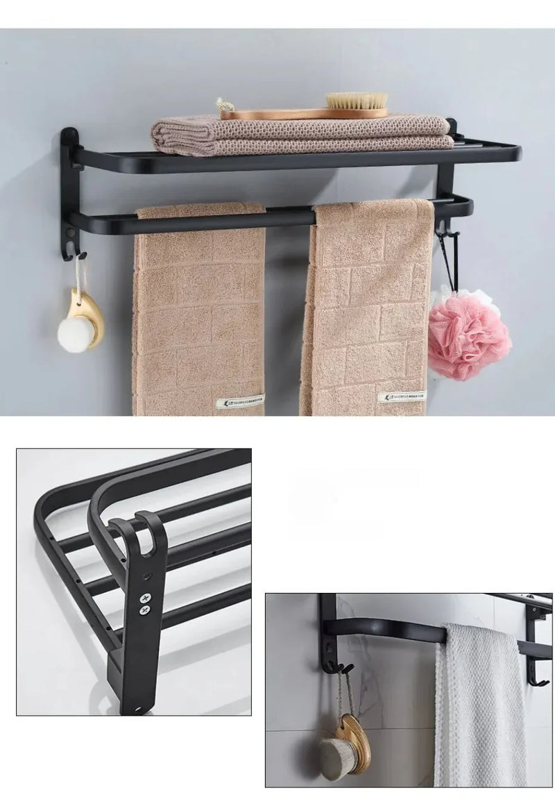 Suporte Dobrável de Toalha em Preto Fosco – Elegância e Praticidade com Gancho Extra e 50CM de Funcionalidade na Sua Parede!