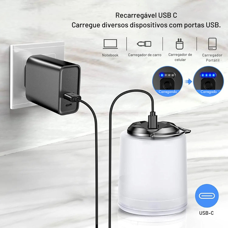 Lanterna Recarregável 3 em 1: Iluminação Quente e Potente Para Acampamentos, Trilhas e Aventuras — À Prova D'Água e Pronta Para Tudo!