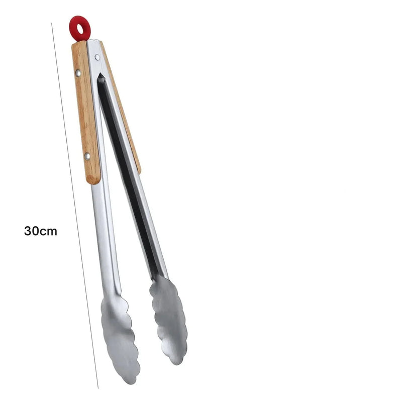 Pinças de Cozinha Premium em Aço Inoxidável – Travamento Seguro e Cabos de Madeira Ergonômicos para Churrascos, Panelas e Preparos Profissionais