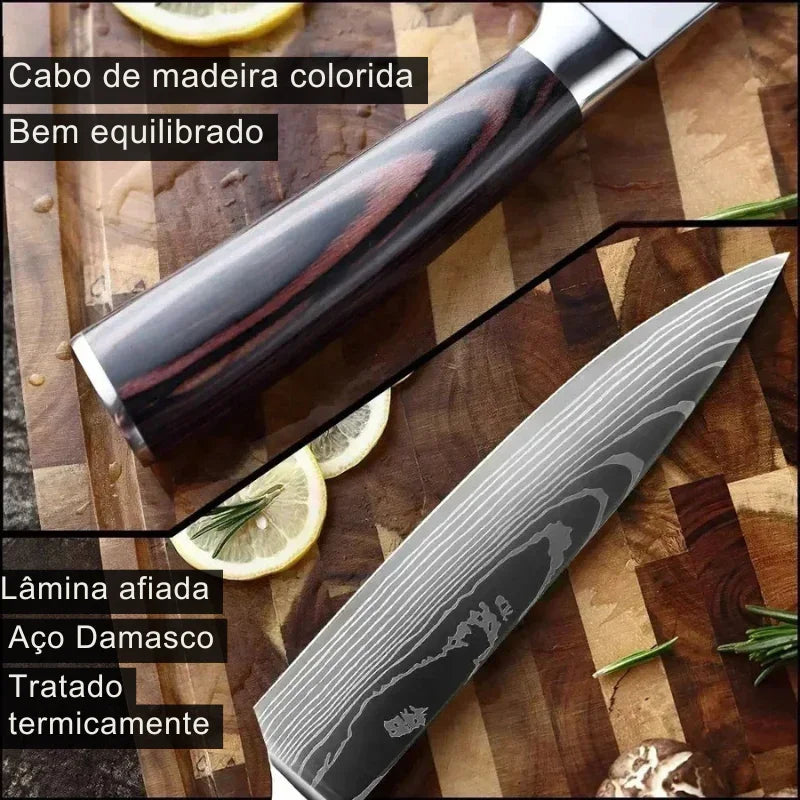 Faca de Cozinha Multifuncional Damasco a Laser – Corte Preciso para Carnes, Pães, Frutas, Churrasco e Muito Mais!