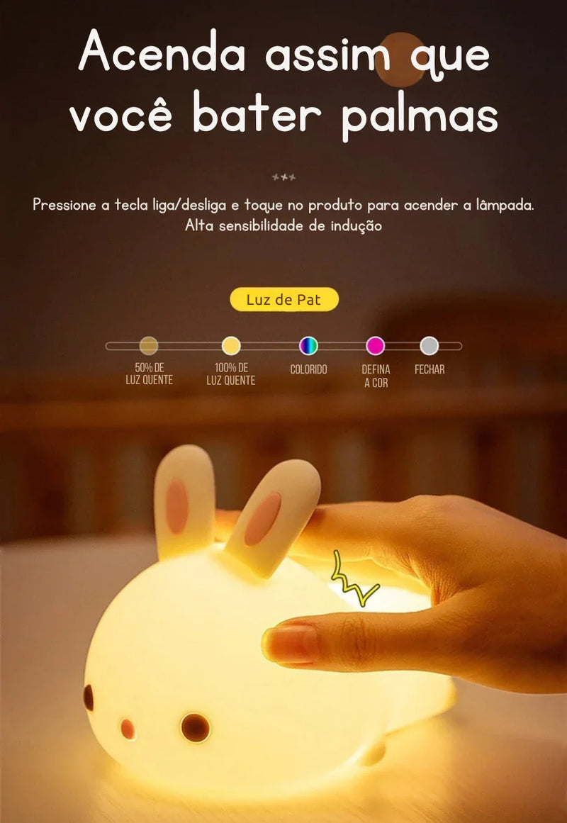 Descubra a Magia do Toque: Luminária Coelho de Silicone com 16 Cores RGB — Recarregável via USB, Macia, Divertida e Perfeita para Encantar Crianças em Qualquer Ocasião!