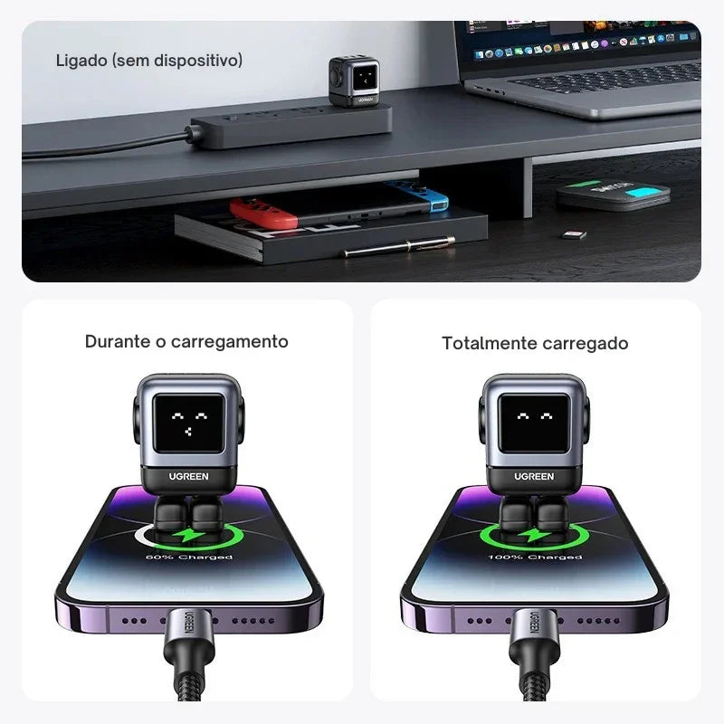 O Carregador Inteligente com Design Robô: Potência GaN de 65W para Carregar Tudo — de iPhones a MacBooks, com Estilo e Velocidade!