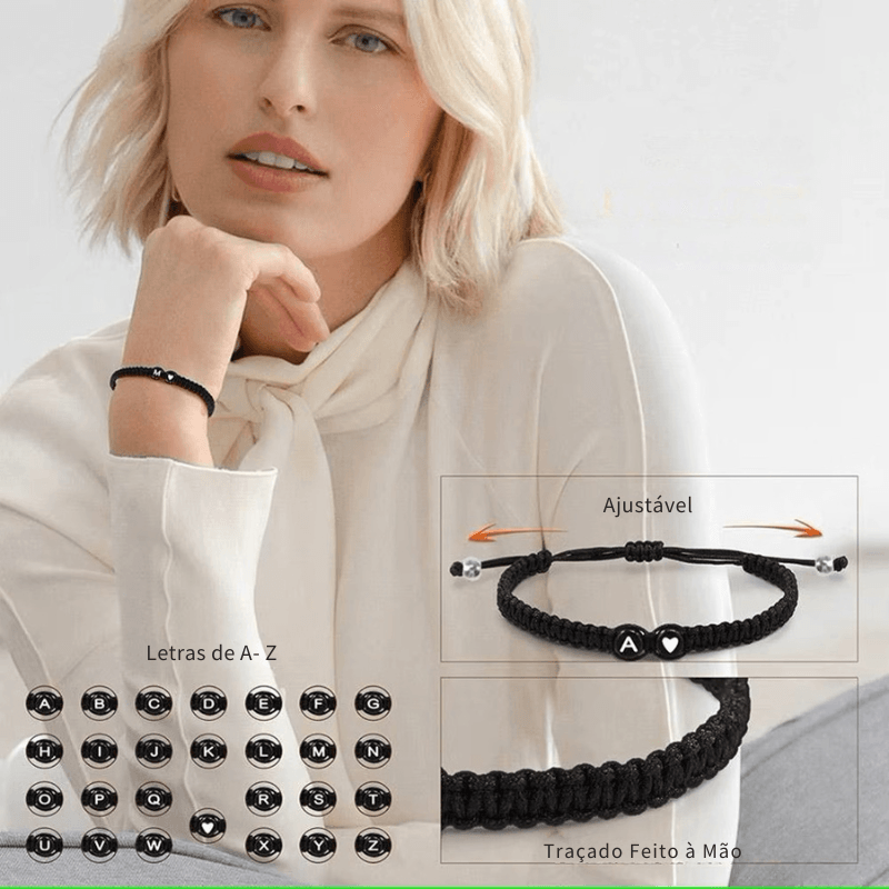 Pulseira Inicial A-Z com Coração – Trançada à Mão, Ajustável e Perfeita para Presentear com Amor