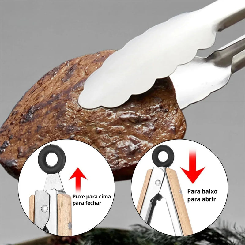 Seu Churrasco em um Show de Praticidade com a Pinça de Aço Inoxidável com Cabo de Carvalho e Sistema de Travamento!