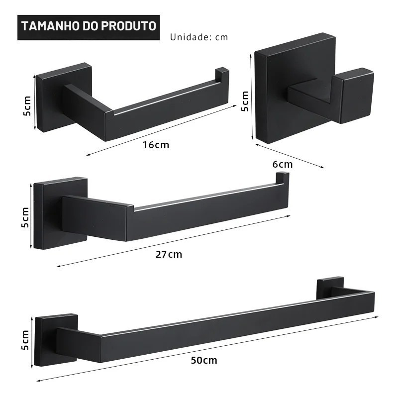 Upgrade Sofisticado no Seu Banheiro: Kit de Acessórios em Aço Inoxidável Preto Fosco com Toalheiro, Suporte de Papel, Ganchos e Mais!