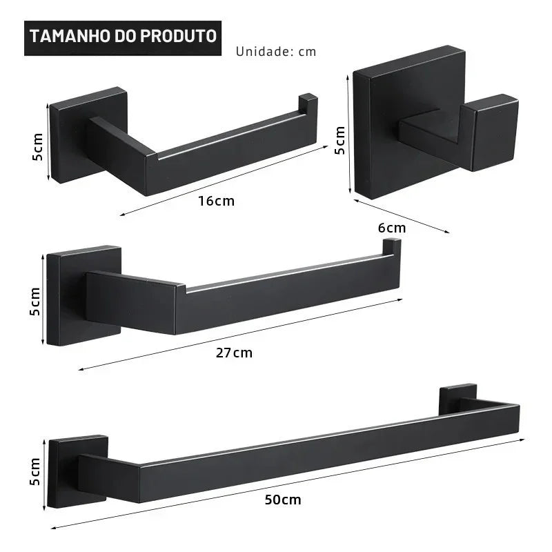 Upgrade Sofisticado no Seu Banheiro: Kit de Acessórios em Aço Inoxidável Preto Fosco com Toalheiro, Suporte de Papel, Ganchos e Mais!