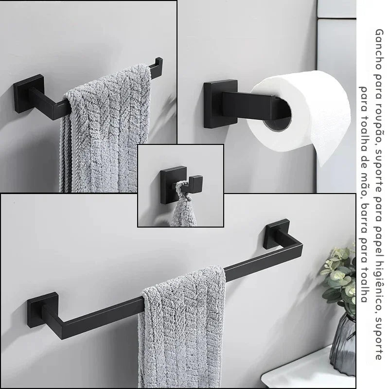 Upgrade Sofisticado no Seu Banheiro: Kit de Acessórios em Aço Inoxidável Preto Fosco com Toalheiro, Suporte de Papel, Ganchos e Mais!