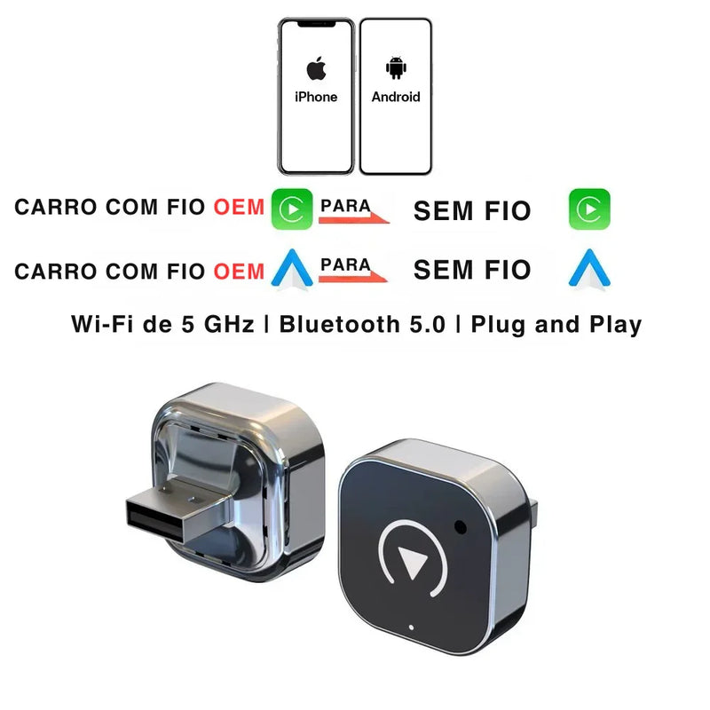 Novo Adaptador Inteligente CarPlay & Android Auto Sem Fio – Mini USB Plug & Play Universal