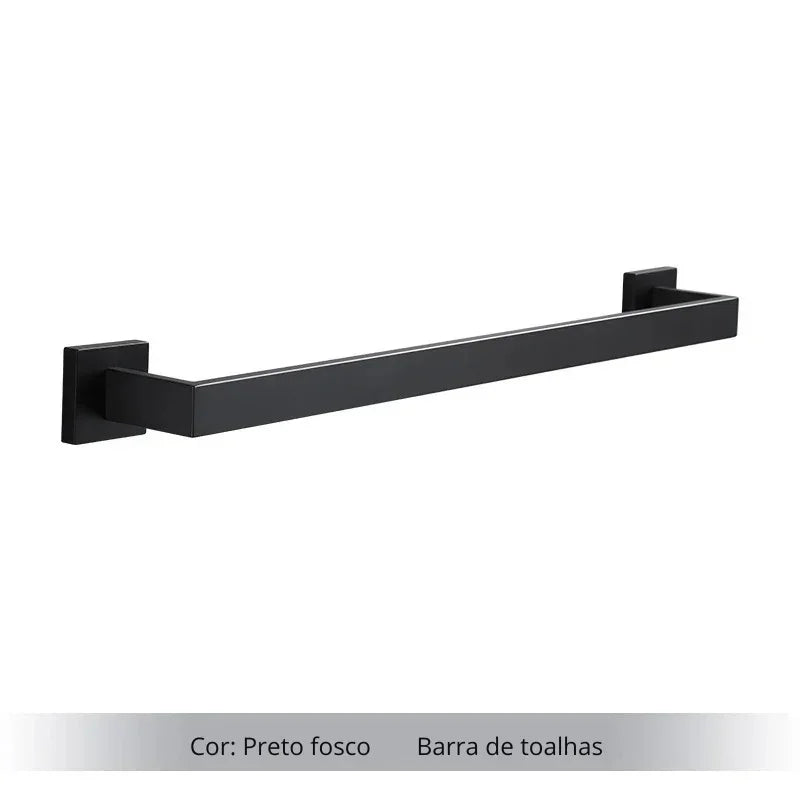 Upgrade Sofisticado no Seu Banheiro: Kit de Acessórios em Aço Inoxidável Preto Fosco com Toalheiro, Suporte de Papel, Ganchos e Mais!