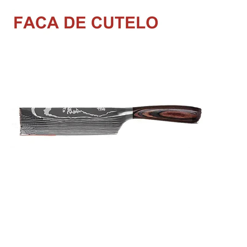 Faca de Cozinha Multifuncional Damasco a Laser – Corte Preciso para Carnes, Pães, Frutas, Churrasco e Muito Mais!