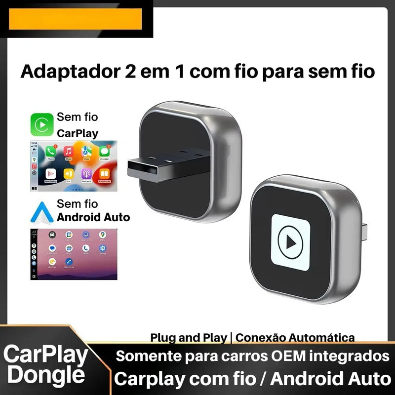 Mini Adaptador CarPlay & Android Auto Sem Fio – USB Plug & Play Universal para Diversos Modelos de Carros