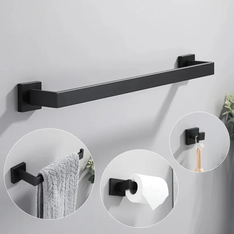 Upgrade Sofisticado no Seu Banheiro: Kit de Acessórios em Aço Inoxidável Preto Fosco com Toalheiro, Suporte de Papel, Ganchos e Mais!