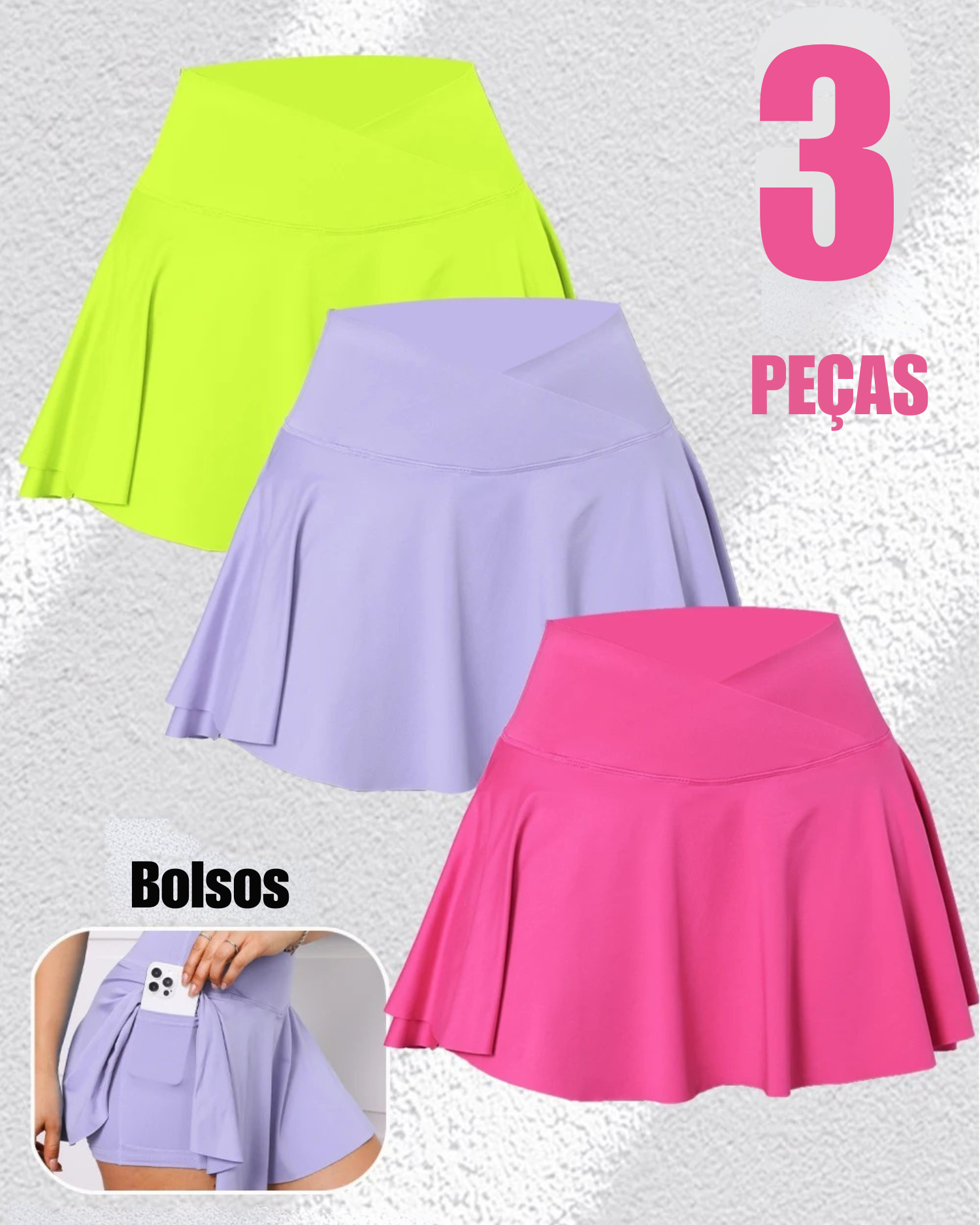 Kit 3 Saias Fitness Plissadas com Bolsos – Estilo, conforto e praticidade para treinos, tênis e looks casuais ao ar livre!