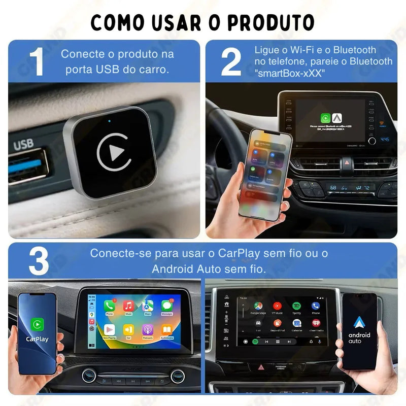 Adaptador CarPlay 2 em 1 Sem Fio – Conexão Rápida e Inteligente para Android e iPhone