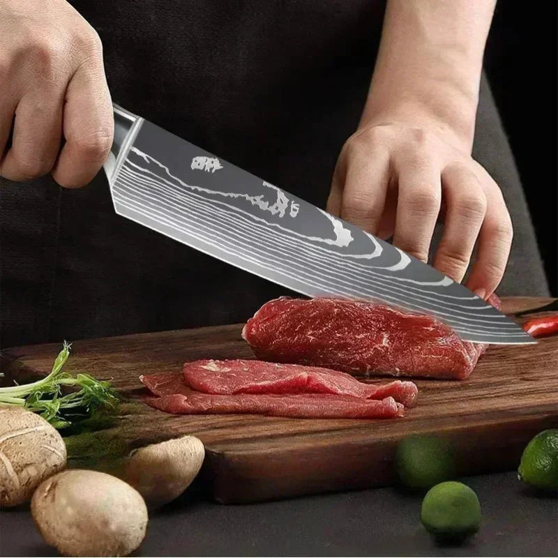 Faca de Cozinha Multifuncional Damasco a Laser – Corte Preciso para Carnes, Pães, Frutas, Churrasco e Muito Mais!