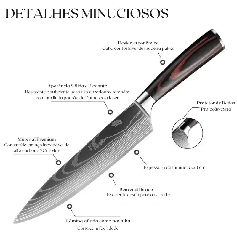 Faca de Cozinha Multifuncional Damasco a Laser – Corte Preciso para Carnes, Pães, Frutas, Churrasco e Muito Mais!