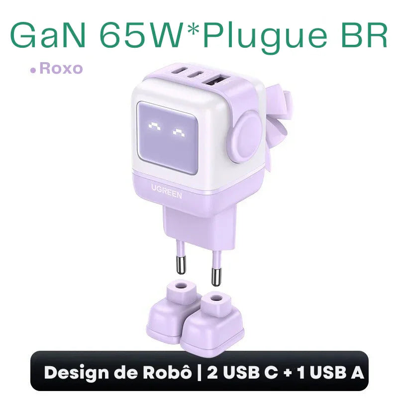 O Carregador Inteligente com Design Robô: Potência GaN de 65W para Carregar Tudo — de iPhones a MacBooks, com Estilo e Velocidade!