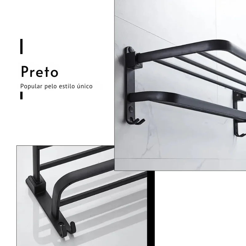 Suporte Dobrável de Toalha em Preto Fosco – Elegância e Praticidade com Gancho Extra e 50CM de Funcionalidade na Sua Parede!