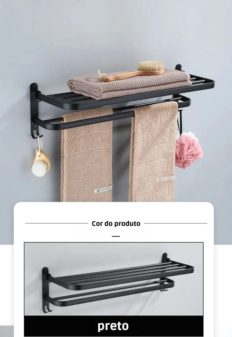 Suporte Dobrável de Toalha em Preto Fosco – Elegância e Praticidade com Gancho Extra e 50CM de Funcionalidade na Sua Parede!