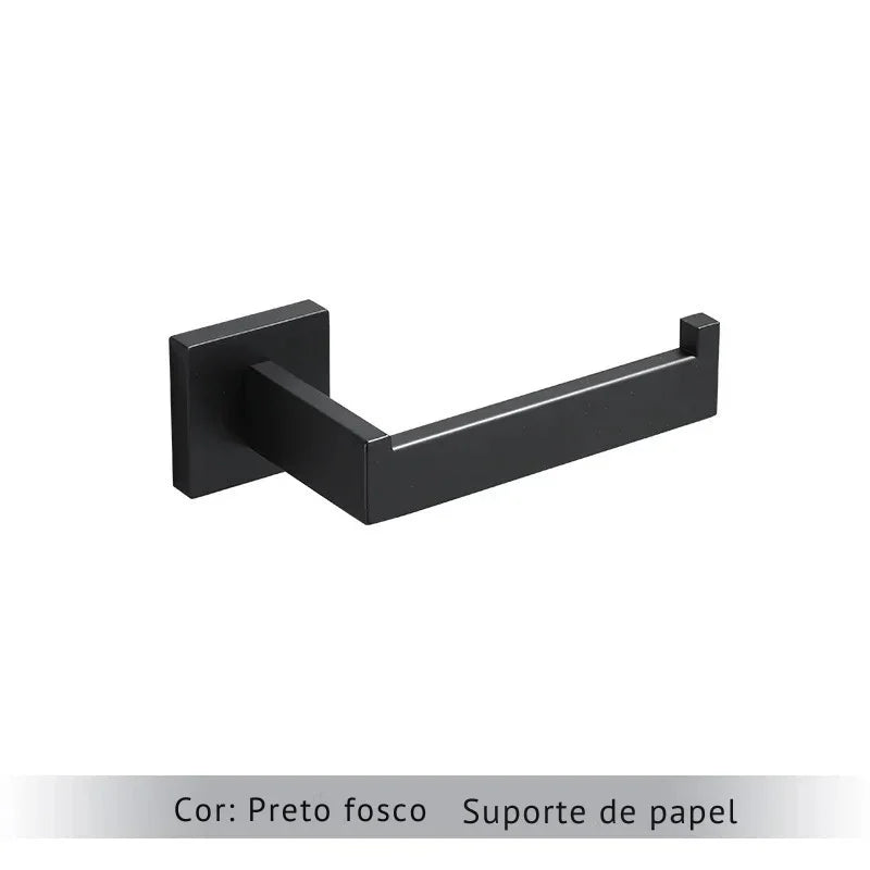 Upgrade Sofisticado no Seu Banheiro: Kit de Acessórios em Aço Inoxidável Preto Fosco com Toalheiro, Suporte de Papel, Ganchos e Mais!