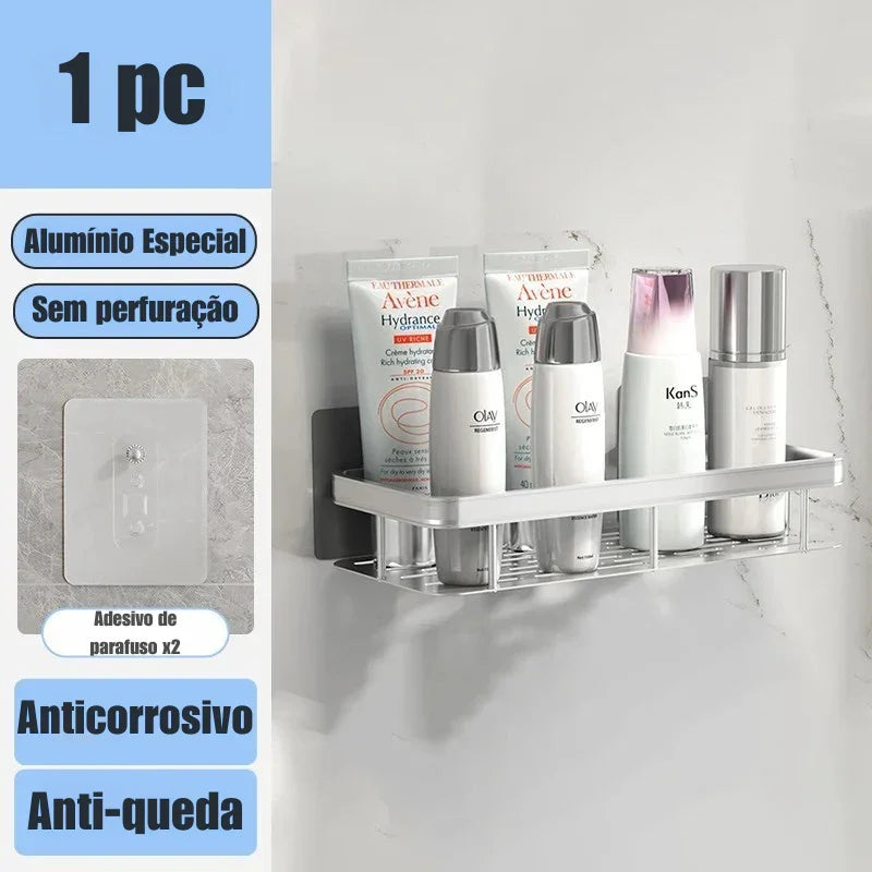 Transforme Seu Banheiro em Minutos: Prateleira de Alumínio Sem Furo para Organização Inteligente e Sofisticada! 🛁✨