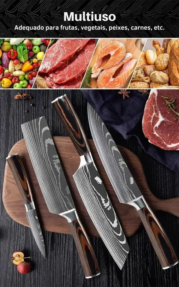Faca de Cozinha Multifuncional Damasco a Laser – Corte Preciso para Carnes, Pães, Frutas, Churrasco e Muito Mais!