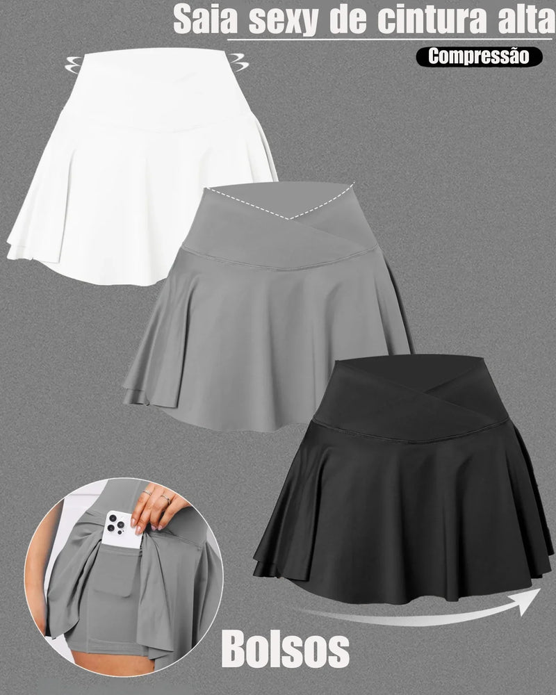 Kit 3 Saias Fitness Plissadas com Bolsos – Estilo, conforto e praticidade para treinos, tênis e looks casuais ao ar livre!