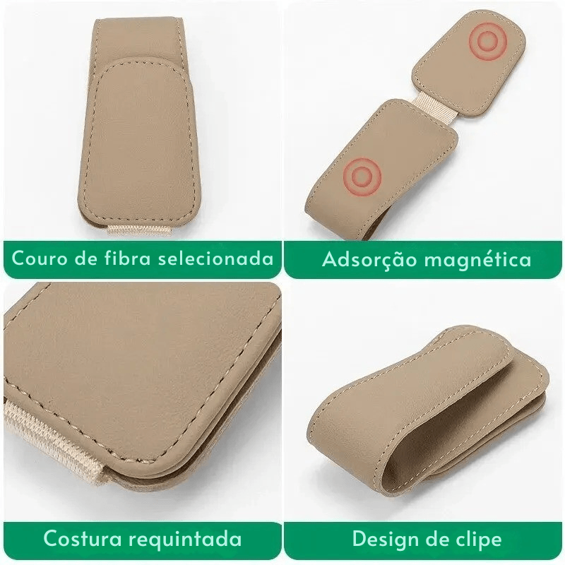 Organização com Estilo: Suporte Magnético de Couro para Óculos no Quebra Sol do Carro – Prático, Elegante e Universal!