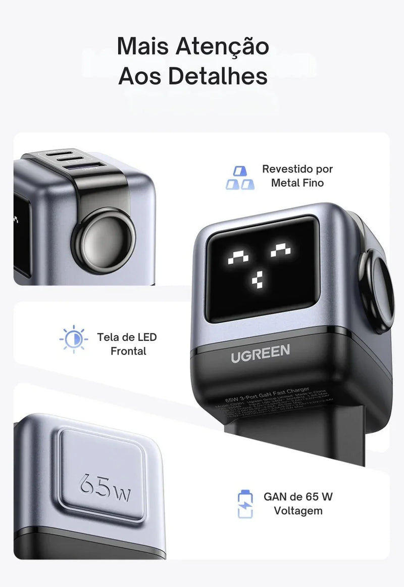 O Carregador Inteligente com Design Robô: Potência GaN de 65W para Carregar Tudo — de iPhones a MacBooks, com Estilo e Velocidade!