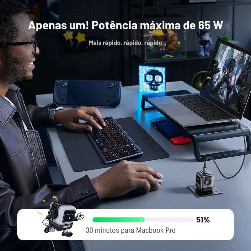 O Carregador Inteligente com Design Robô: Potência GaN de 65W para Carregar Tudo — de iPhones a MacBooks, com Estilo e Velocidade!