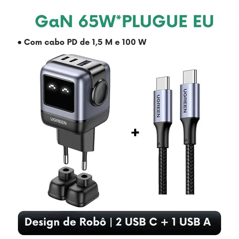 O Carregador Inteligente com Design Robô: Potência GaN de 65W para Carregar Tudo — de iPhones a MacBooks, com Estilo e Velocidade!