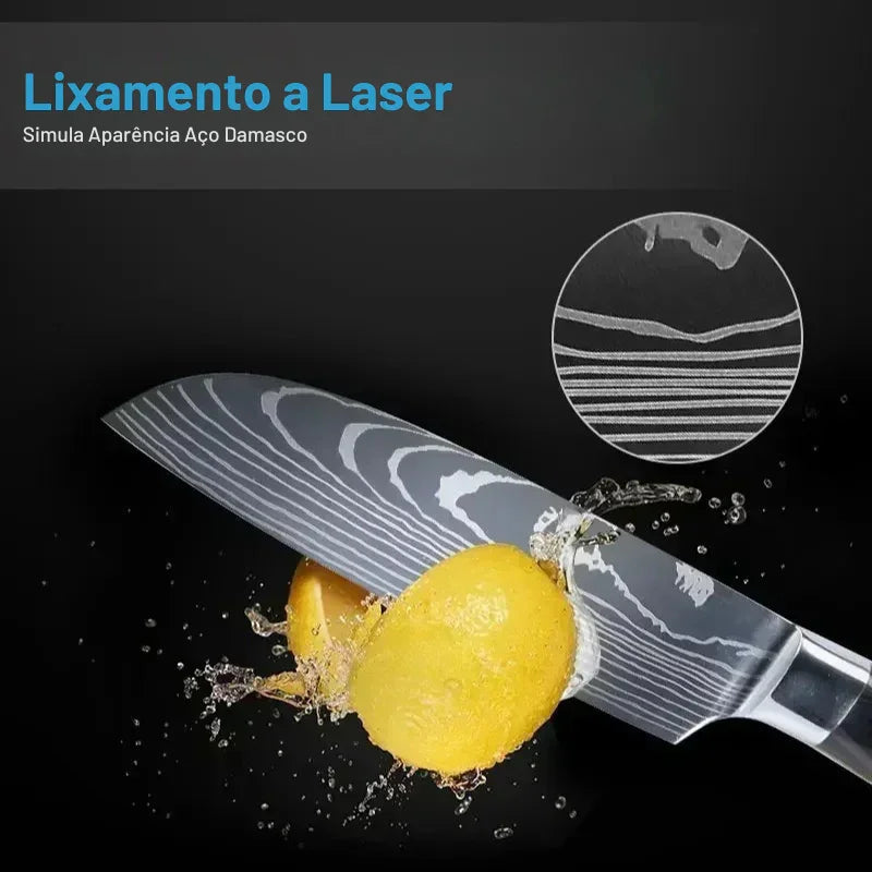 Faca de Cozinha Multifuncional Damasco a Laser – Corte Preciso para Carnes, Pães, Frutas, Churrasco e Muito Mais!
