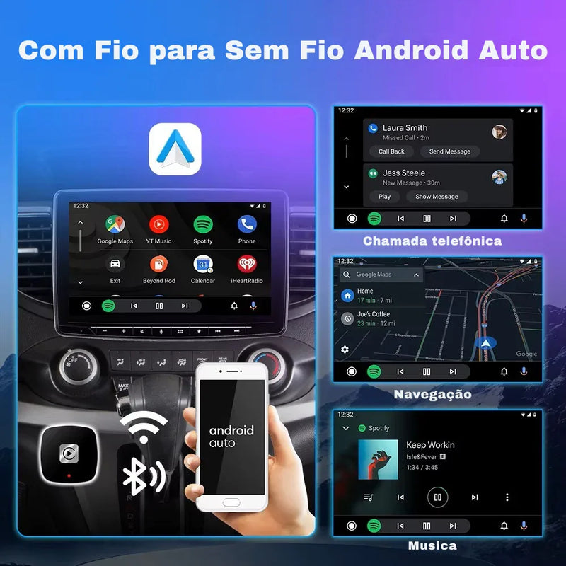 Adaptador CarPlay 2 em 1 Sem Fio – Conexão Rápida e Inteligente para Android e iPhone