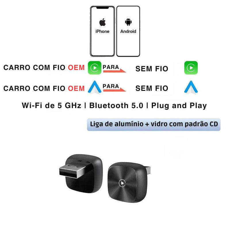 Mini Adaptador CarPlay & Android Auto Sem Fio – USB Plug & Play Universal para Diversos Modelos de Carros