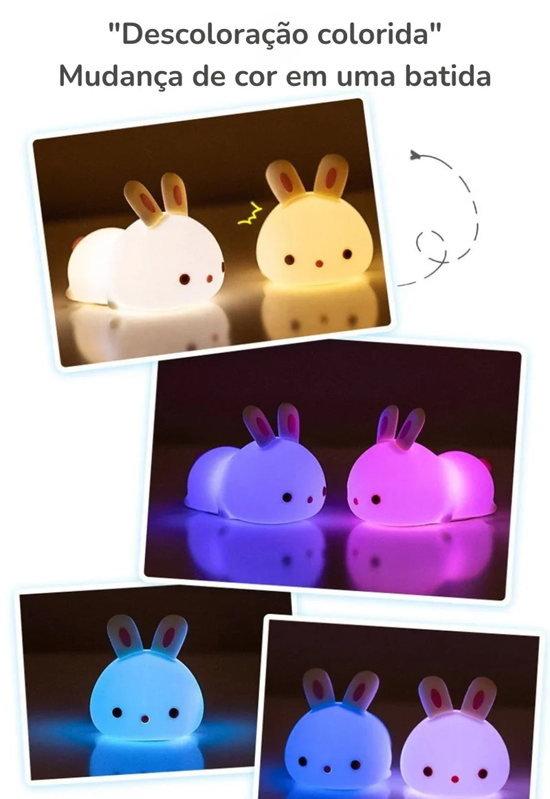 Descubra a Magia do Toque: Luminária Coelho de Silicone com 16 Cores RGB — Recarregável via USB, Macia, Divertida e Perfeita para Encantar Crianças em Qualquer Ocasião!