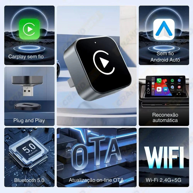 Adaptador CarPlay 2 em 1 Sem Fio – Conexão Rápida e Inteligente para Android e iPhone