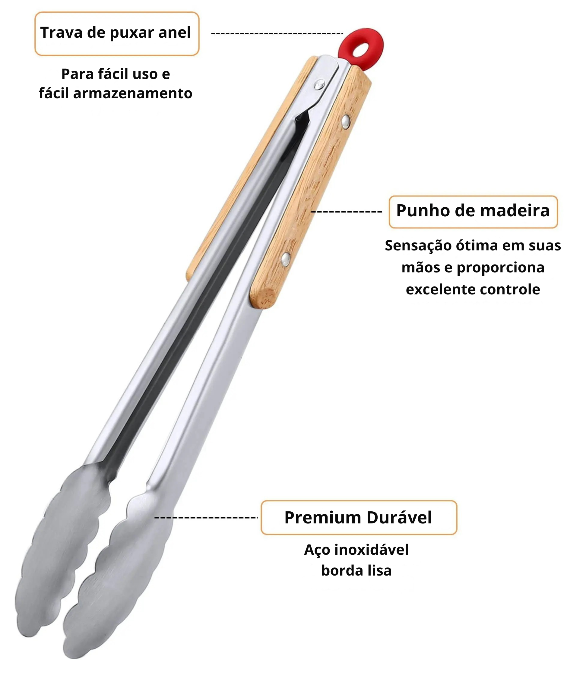 Pinças de Cozinha Premium em Aço Inoxidável – Travamento Seguro e Cabos de Madeira Ergonômicos para Churrascos, Panelas e Preparos Profissionais