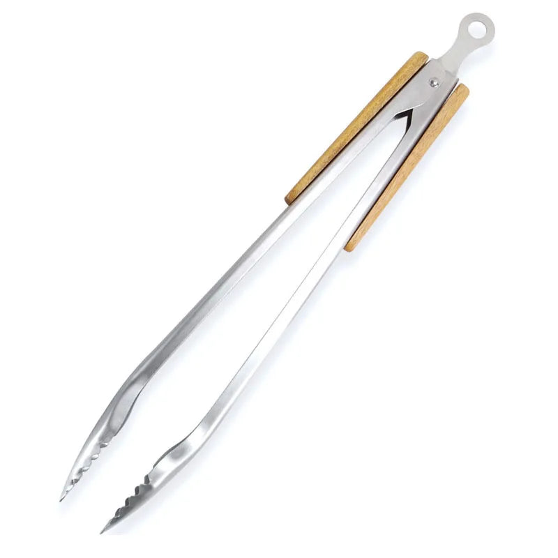 Pinça Profissional Extra Longa com Punhos de Madeira de Acácia – Resistência Premium e Controle Absoluto para o Churrasco Perfeito!
